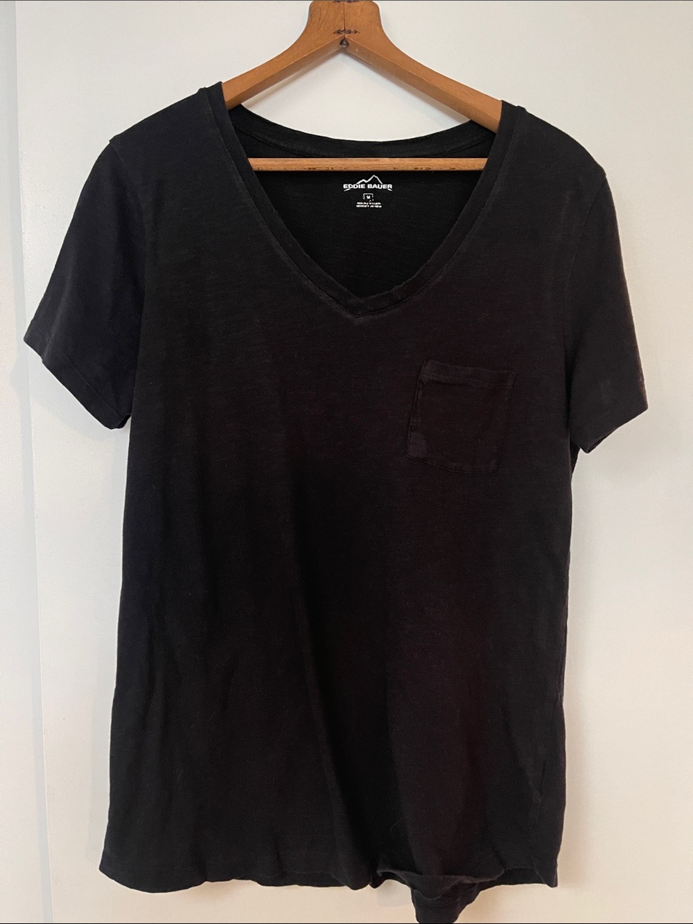 Eddie Bauer Women's Dark Black V-Neck Short Sleeve Pocket Tee